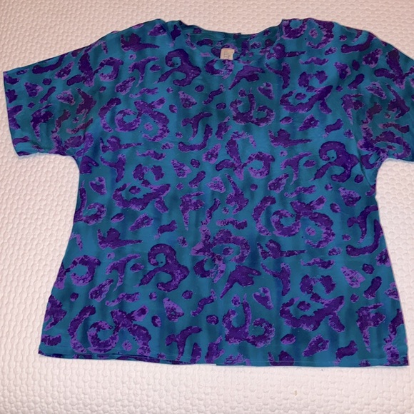 Ellen Tracy Vintage silk blouse, short sleeve rear buttons, blue-green & purple - Picture 8 of 13